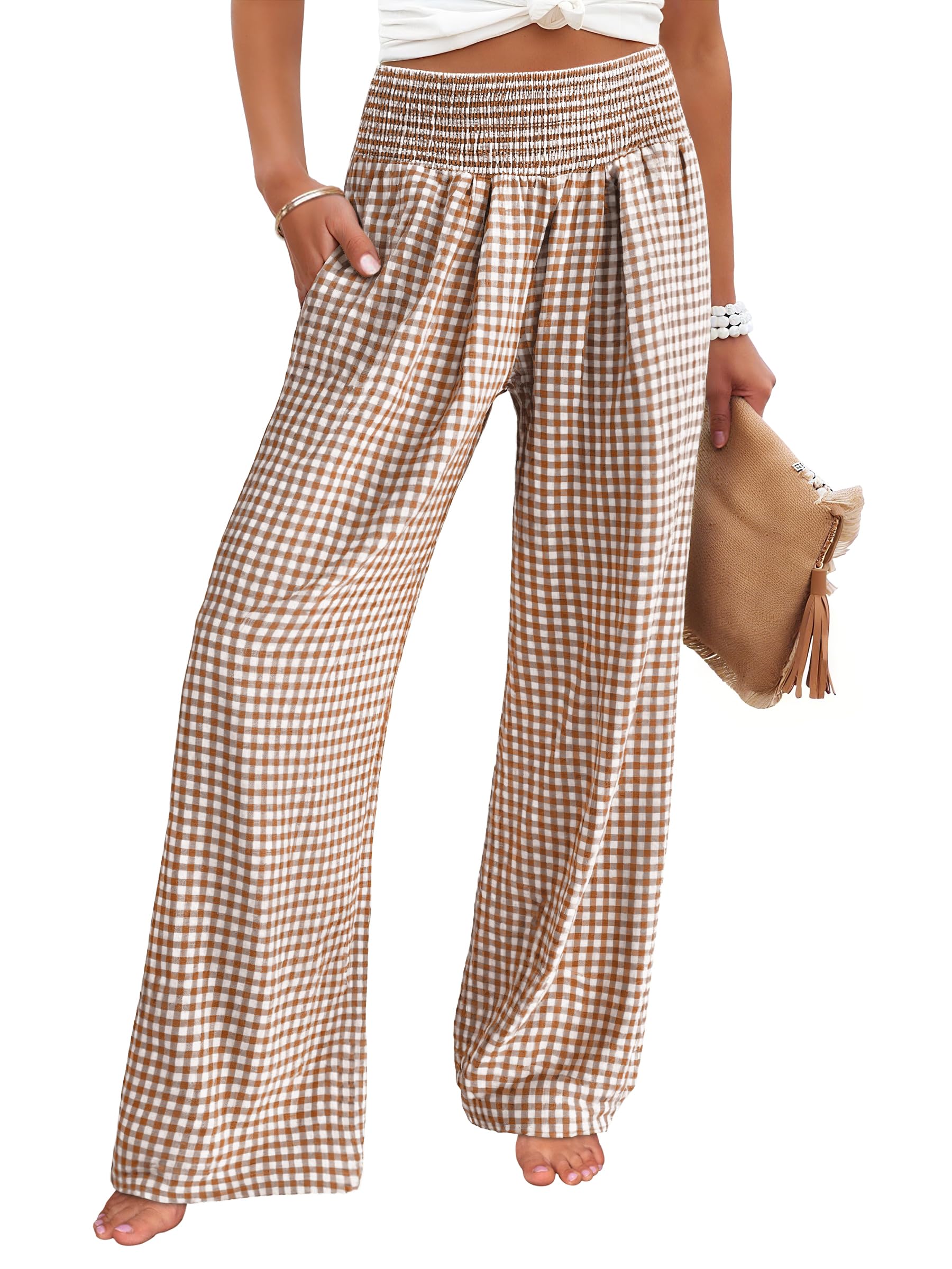 ANRABESS Womens Striped Gingham Wide Leg Palazzo Pants with Pockets