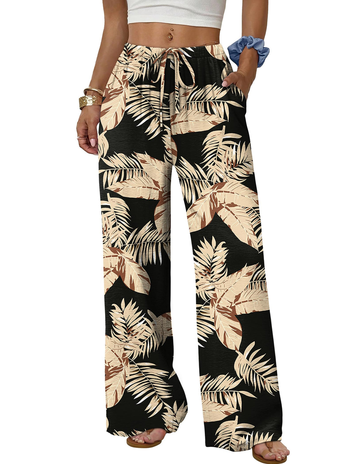 Sampeel Wide Leg Pants for Women Flowy Palazzo Drawstring Elastic Waist Trousers with Pockets Summer Beach Vacation Clothes