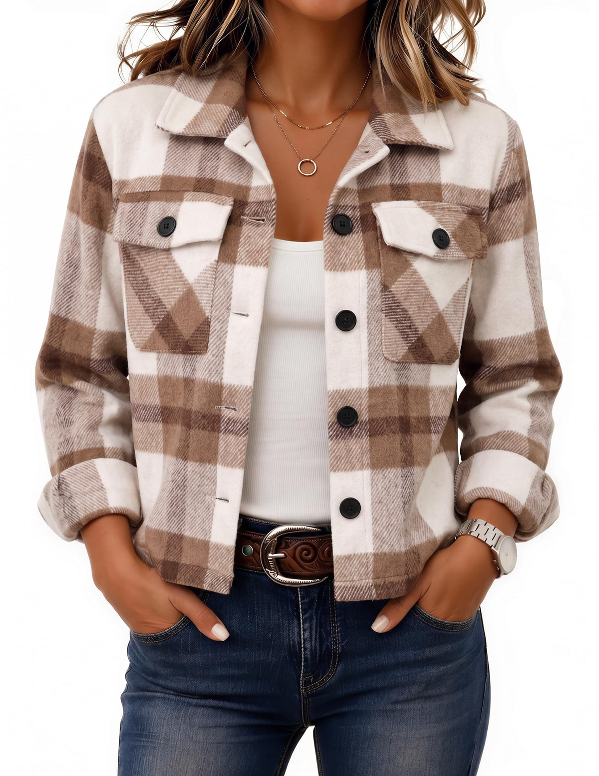 Zeagoo Flannels for Women Cropped Shacket Jacket Fashion Plaid Fall Coat