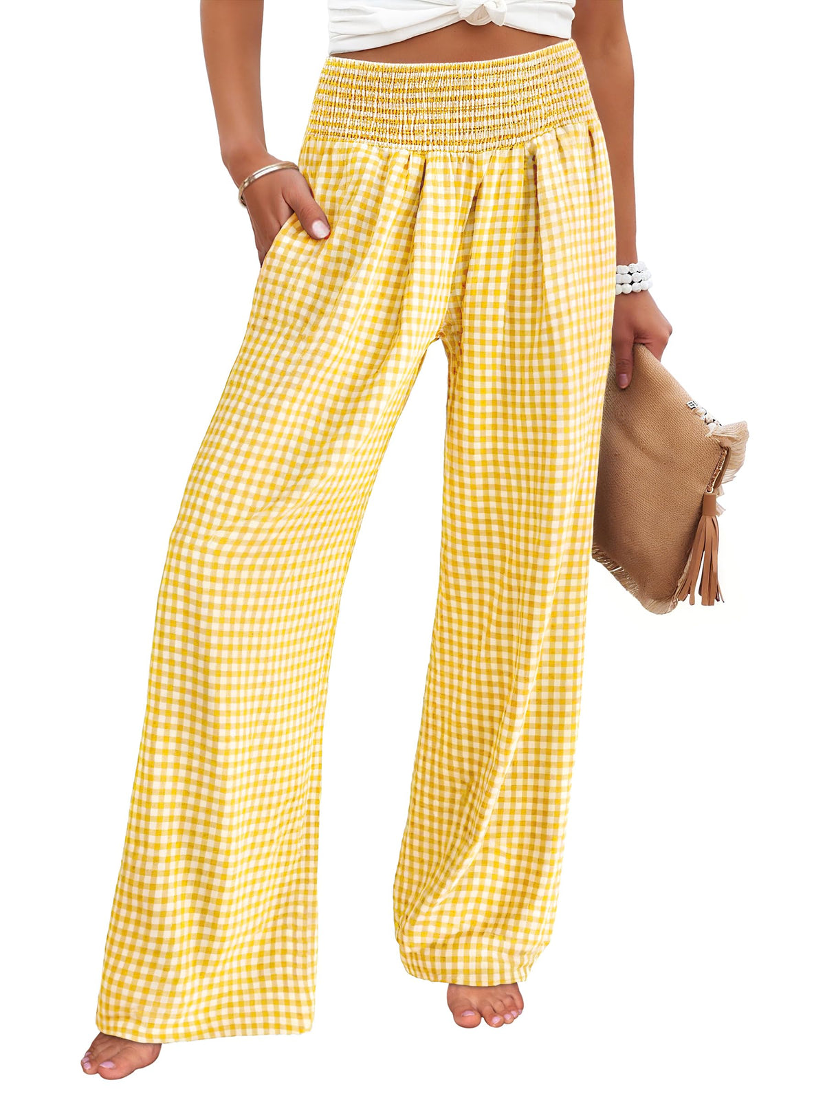 ANRABESS Womens Striped Gingham Wide Leg Palazzo Pants with Pockets