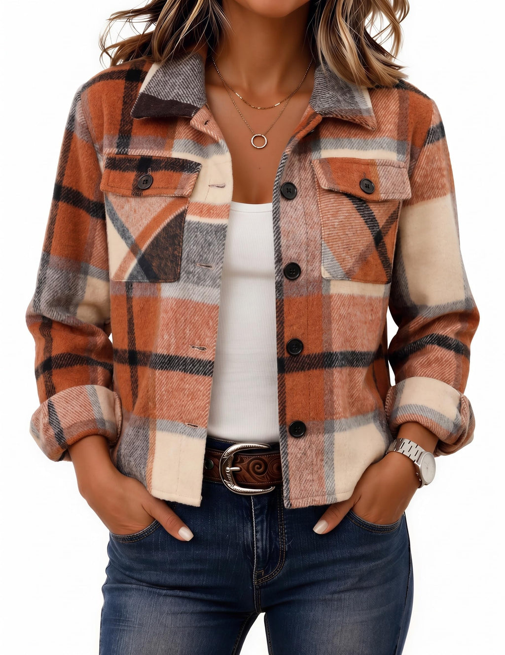 Zeagoo Flannels for Women Cropped Shacket Jacket Fashion Plaid Fall Coat