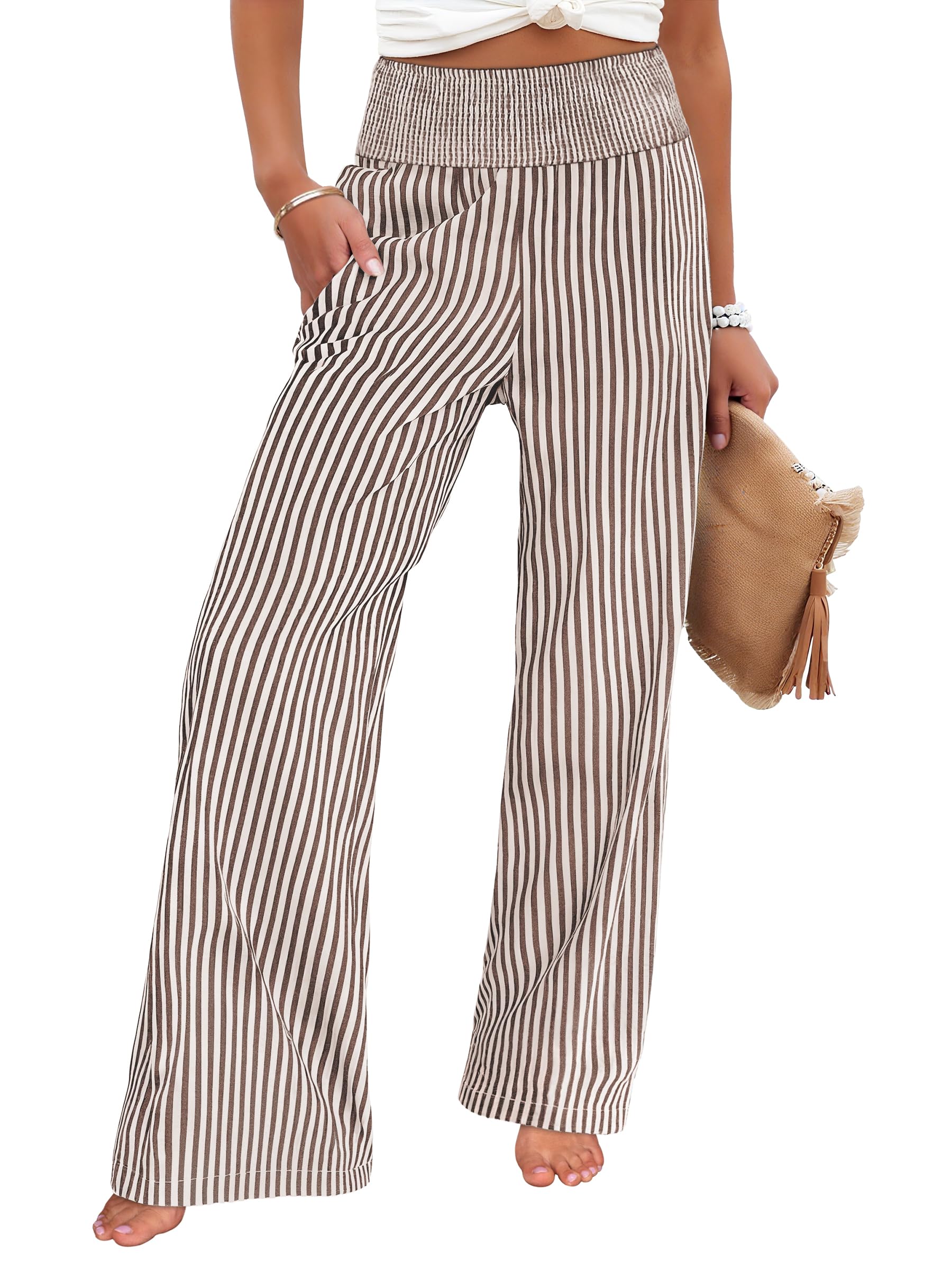 ANRABESS Womens Striped Gingham Wide Leg Palazzo Pants with Pockets