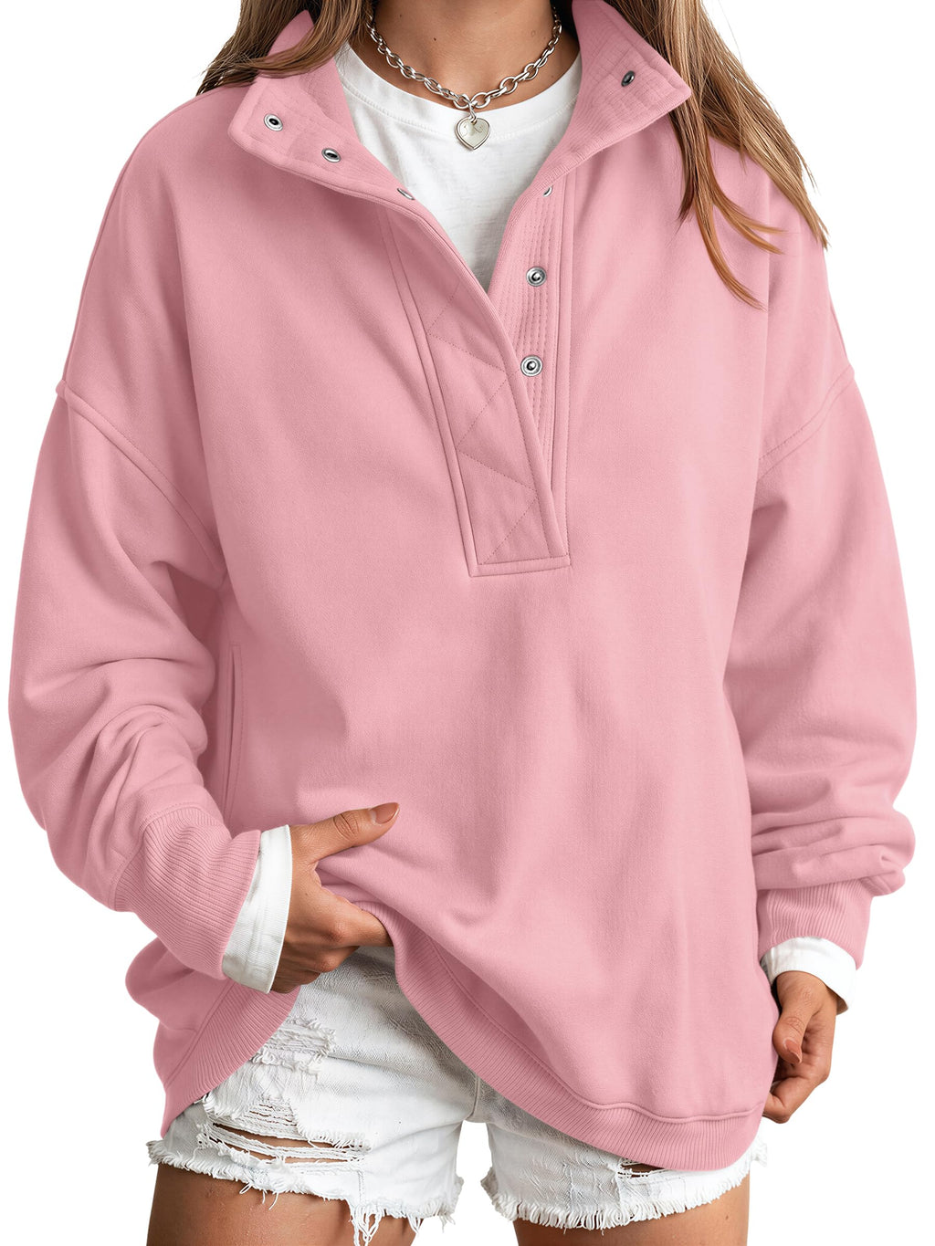 Trendy Queen Womens Oversized Sweatshirts with Snap Button Henley Collar