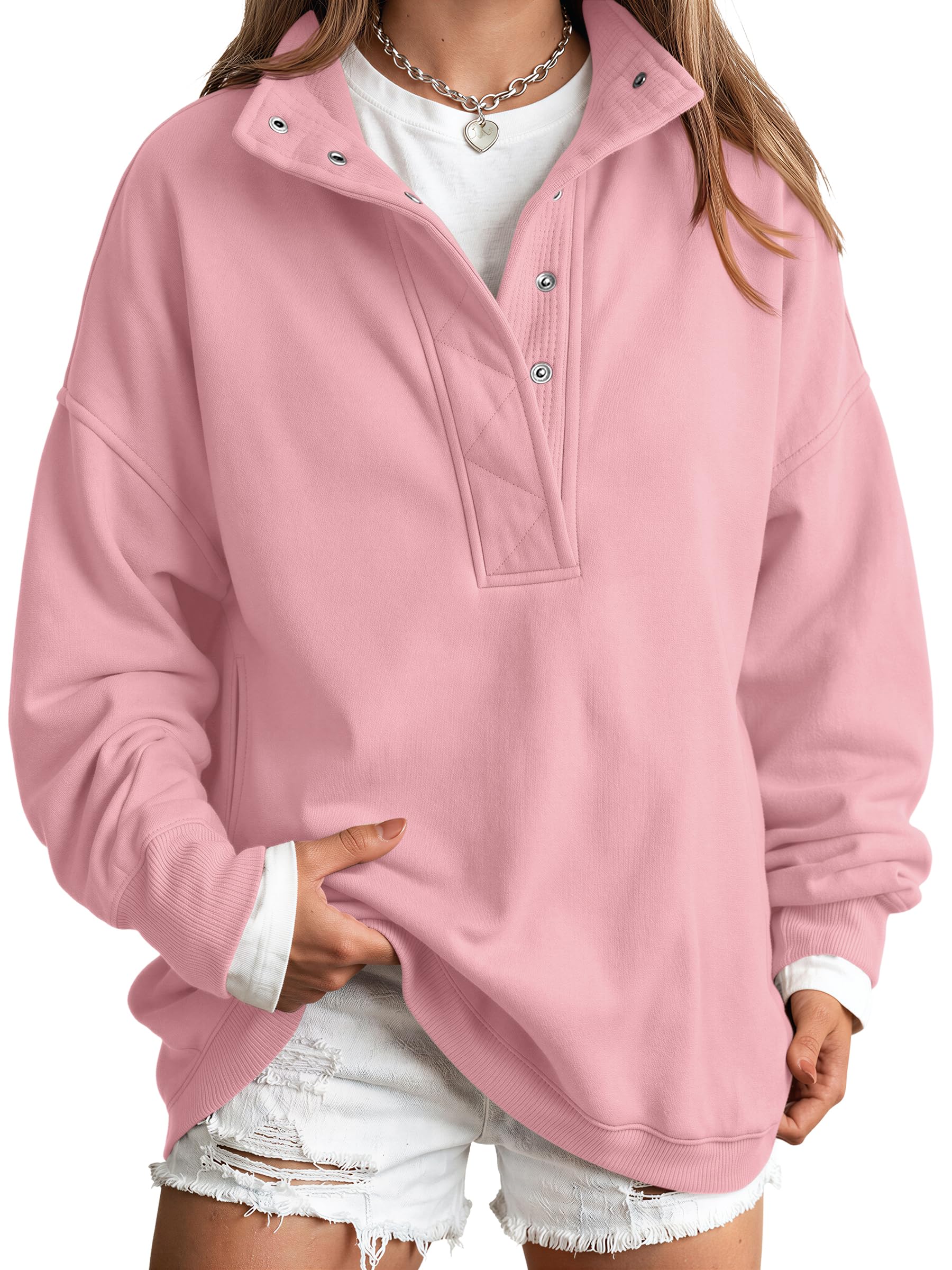 Trendy Queen Womens Oversized Sweatshirts with Snap Button Henley Collar