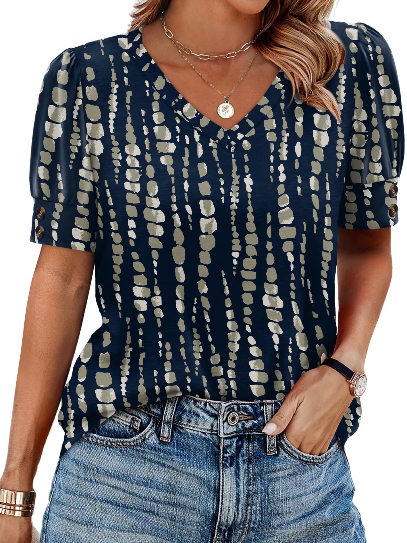 OFEEFAN Womens Tops Short Sleeve Shirts Buttons V Neck Spring Fashion Summer Outfits Plus Size Blouses Dressy Casual