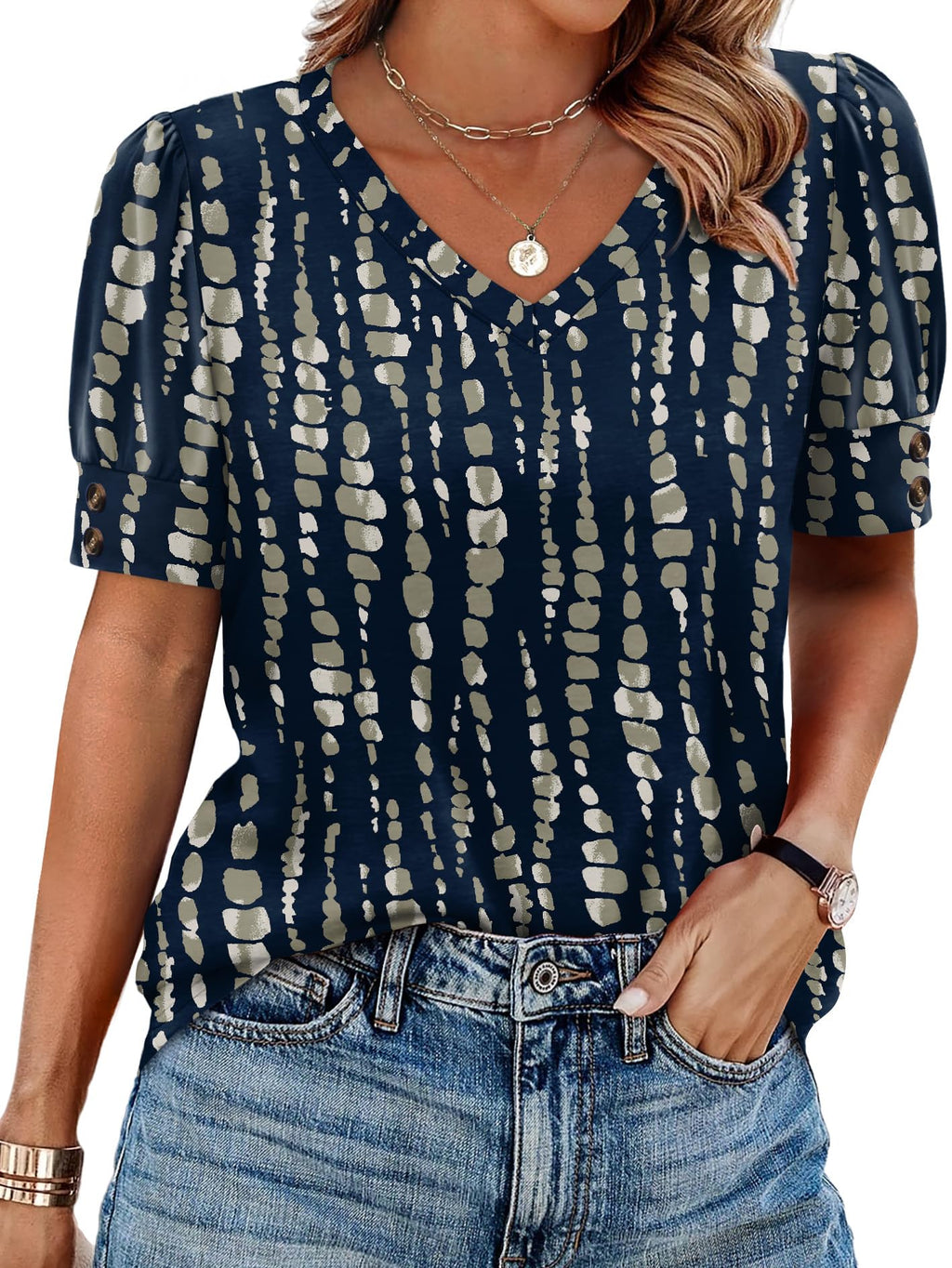 OFEEFAN Womens Tops Short Sleeve Shirts Buttons V Neck Spring Fashion Summer Outfits Plus Size Blouses Dressy Casual