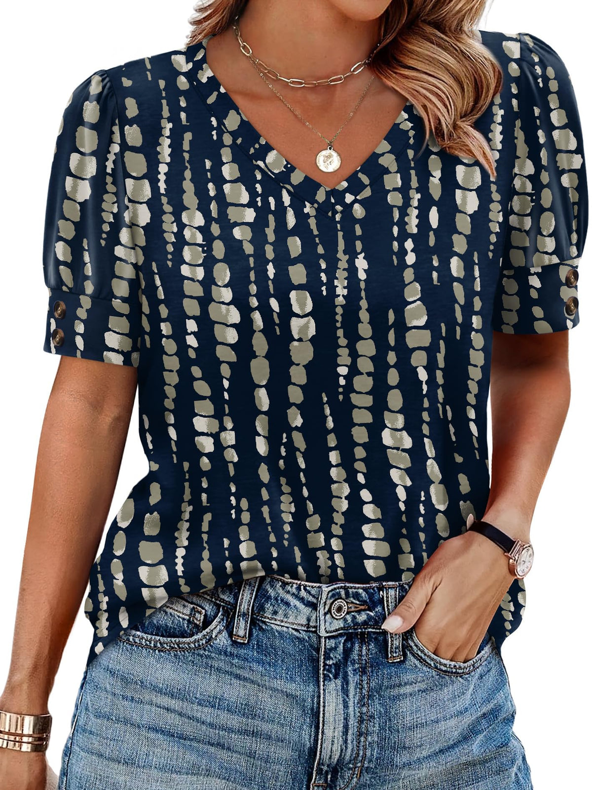 OFEEFAN Womens Tops Short Sleeve Shirts Buttons V Neck Spring Fashion Summer Outfits Plus Size Blouses Dressy Casual