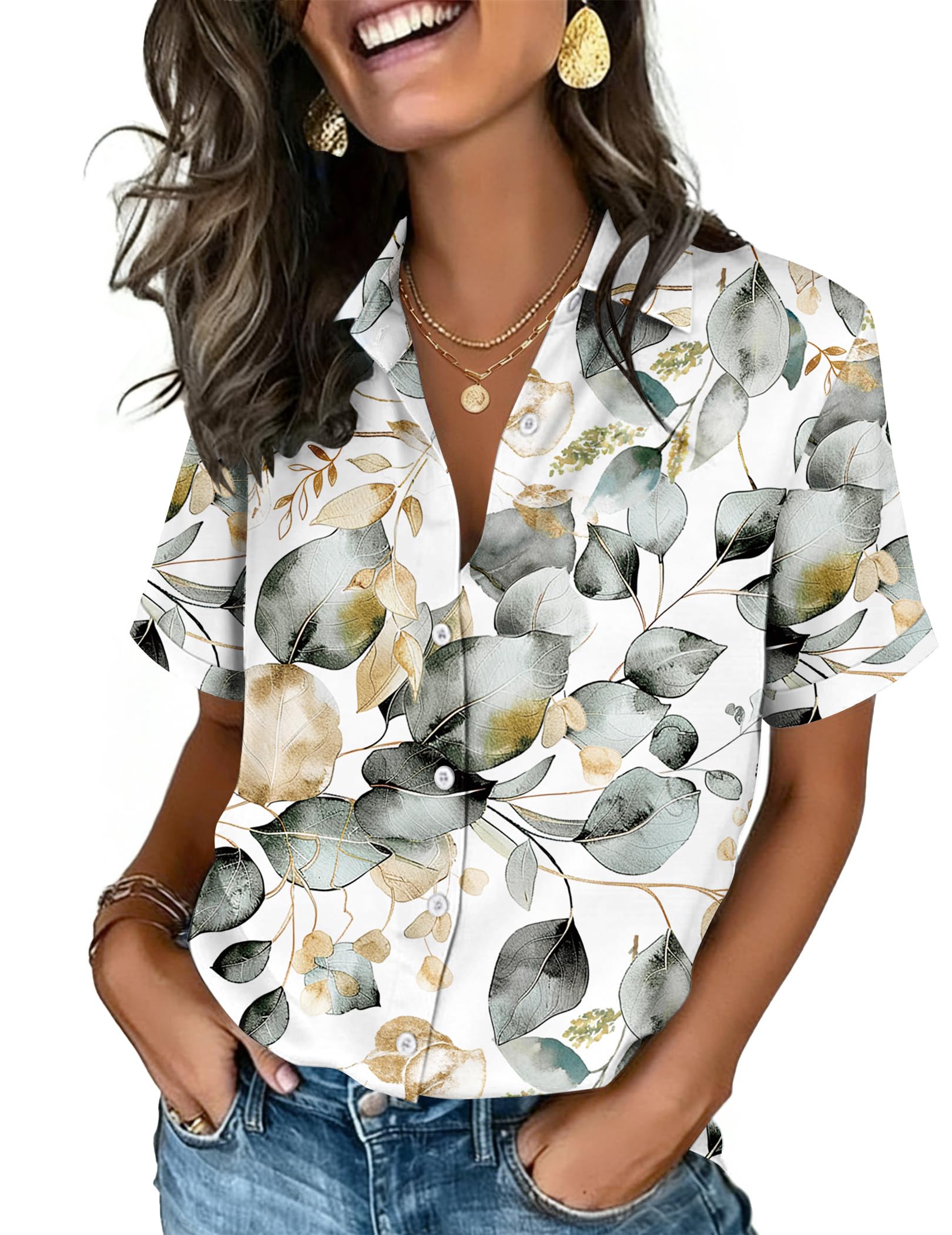 Zeagoo Button Down Shirts for Women Short Sleeve Tops Dressy Casual Blouses