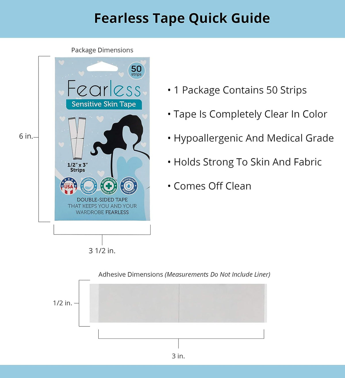 Fearless Tape Double Sided Fashion Tape Sensitive Skin, 50 Strips