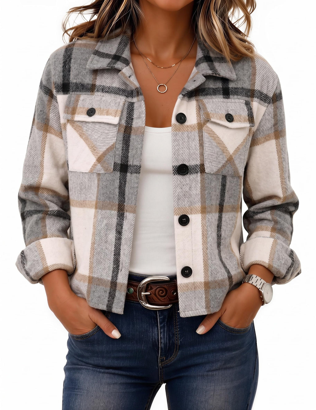 Zeagoo Flannels for Women Cropped Shacket Jacket Fashion Plaid Fall Coat