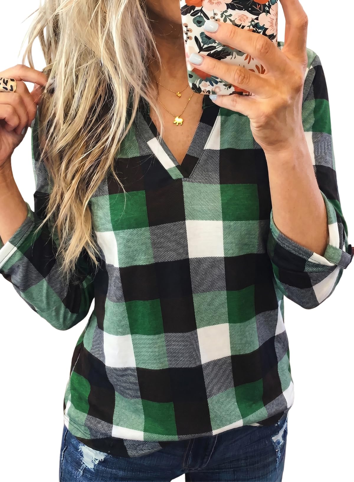 Dokotoo Womens Tops Plaid Cotton Cuffed 3/4 Sleeve Shirts Blouses