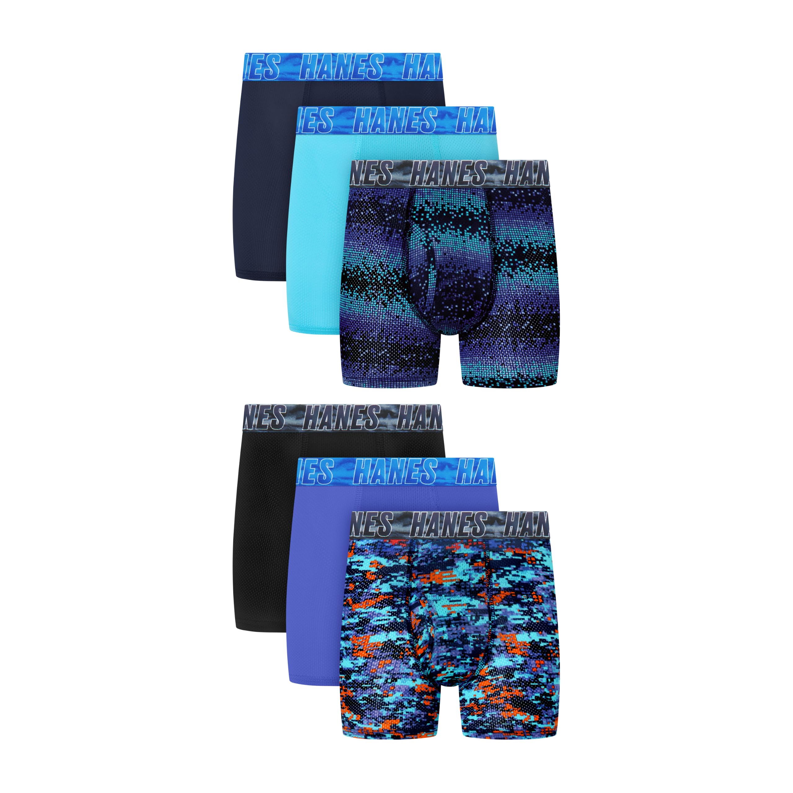 Hanes Boys' Moves Performance Underwear Boxer Brief, 6-pack, All Over Mesh Moisture Wicking Boxer Briefs