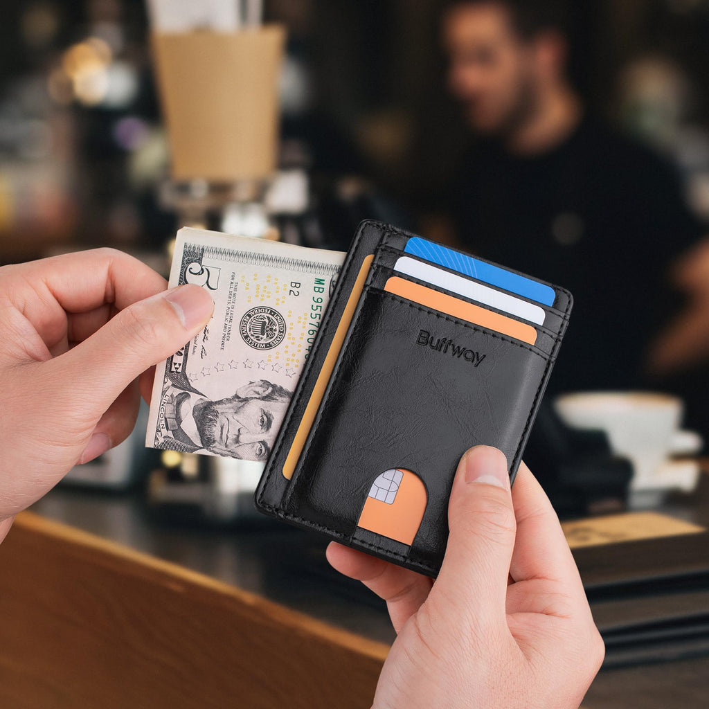 Buffway Slim Minimalist Front Pocket RFID Blocking Leather Wallets for Men and Women - Cross Black