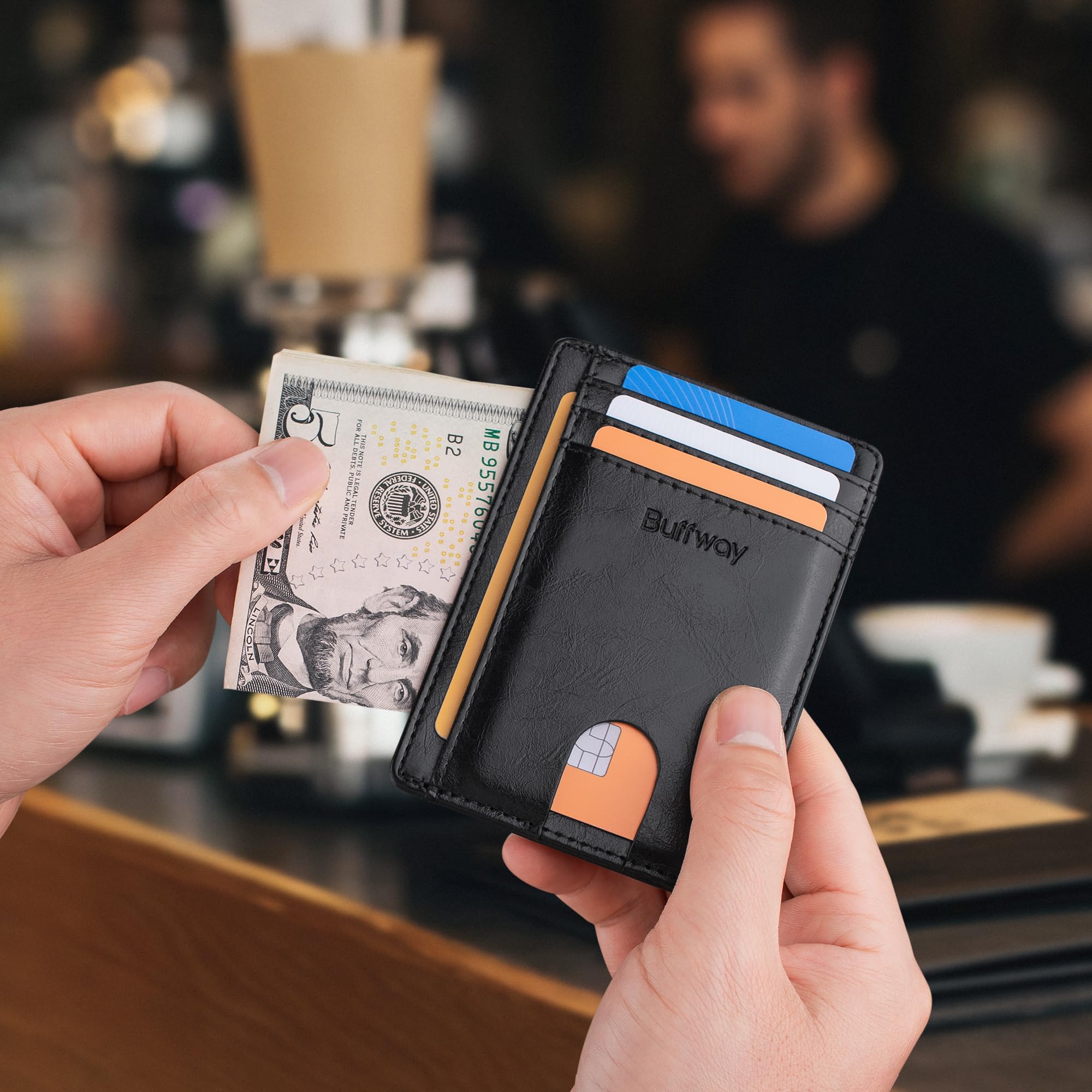 Buffway Slim Minimalist Front Pocket RFID Blocking Leather Wallets for Men and Women - Cross Black