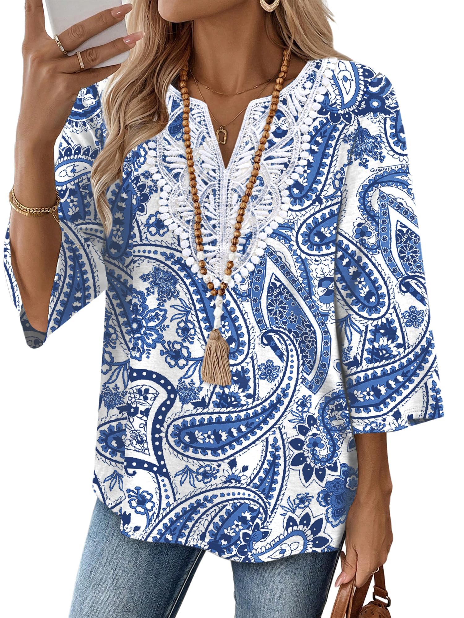 WIHOLL 3/4 Length Sleeve Womens Tops Boho V Neck Lace Shirt Trendy Blouses Dressy Casual Vacation Clothes S-3XL