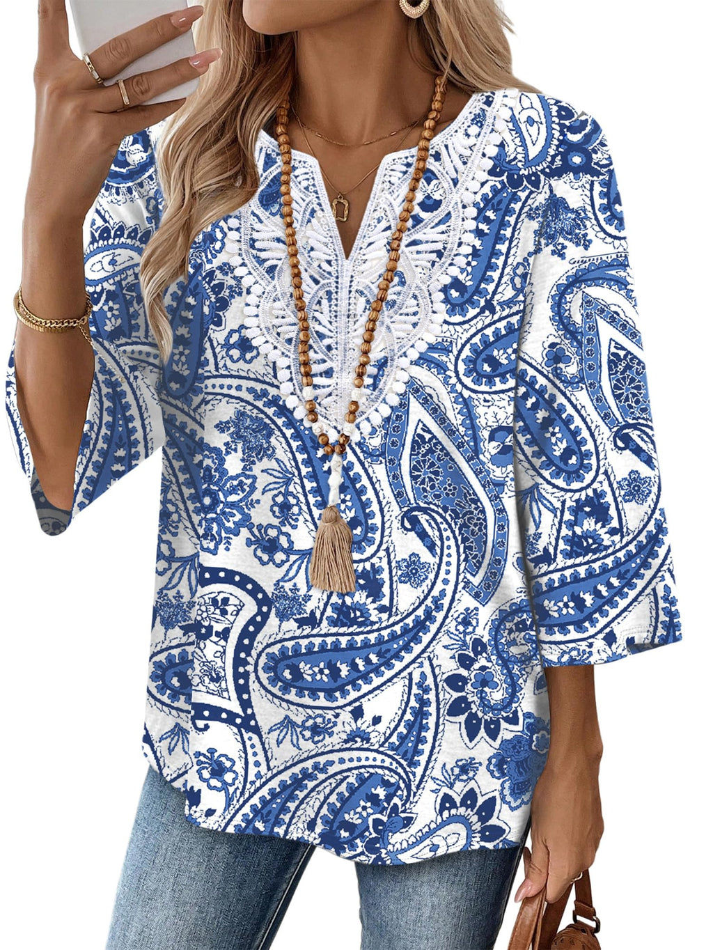 WIHOLL 3/4 Length Sleeve Womens Tops Boho V Neck Lace Shirt Trendy Blouses Dressy Casual Vacation Clothes S-3XL