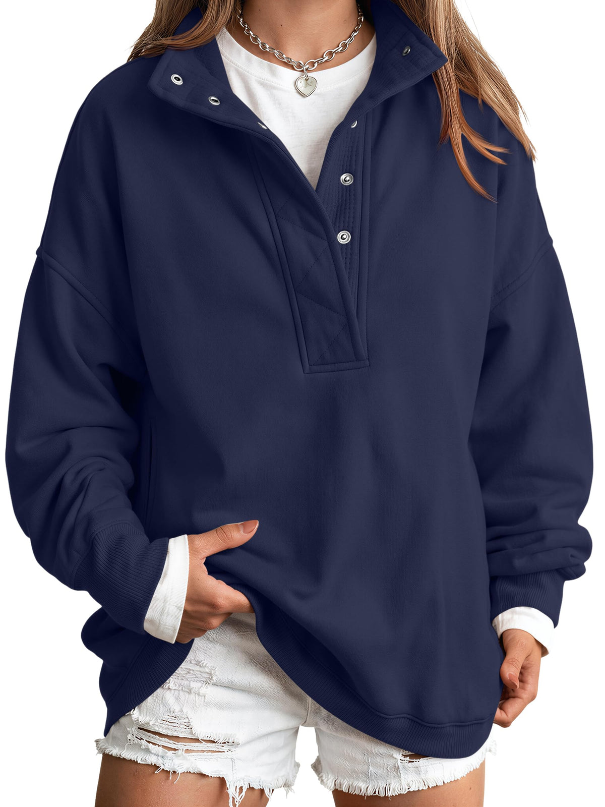 Trendy Queen Womens Oversized Sweatshirts with Snap Button Henley Collar