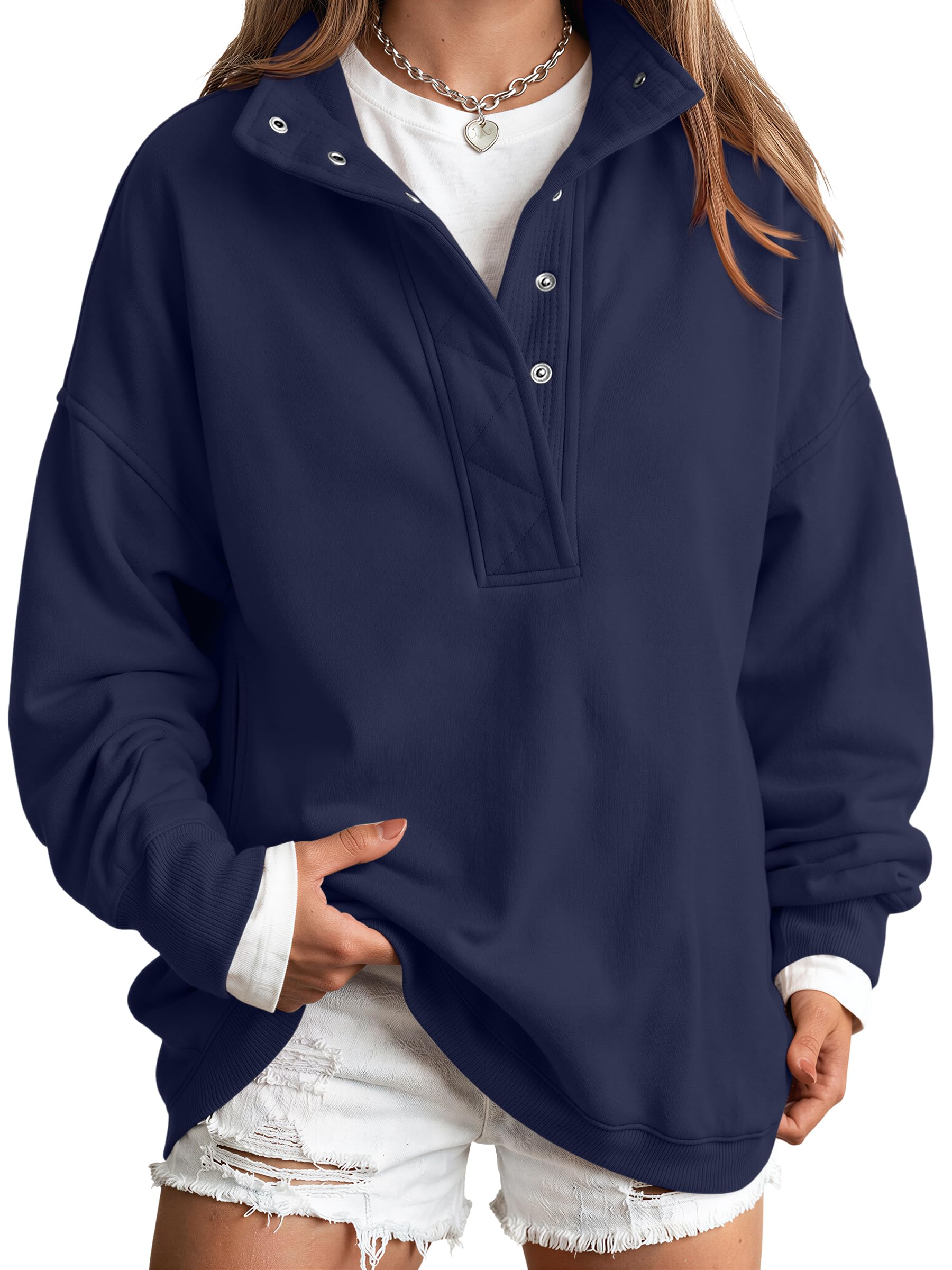Trendy Queen Womens Oversized Sweatshirts with Snap Button Henley Collar