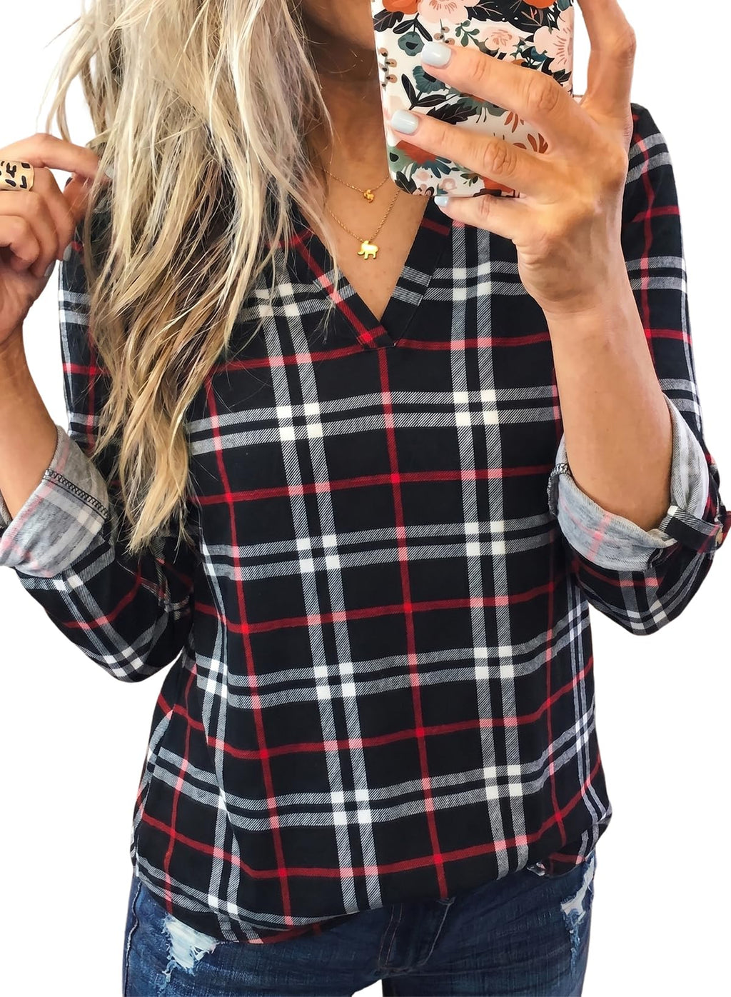 Dokotoo Womens Tops Plaid Cotton Cuffed 3/4 Sleeve Shirts Blouses