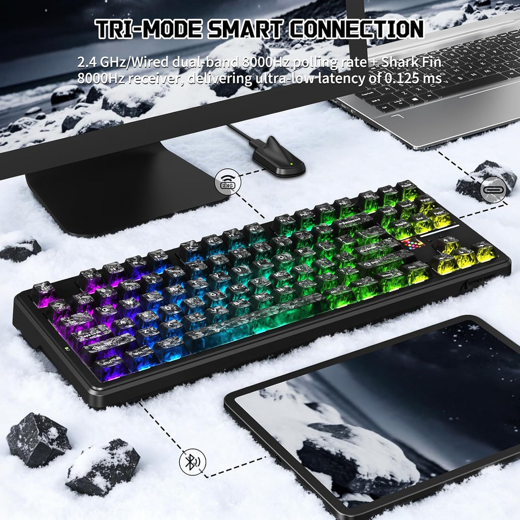 ATTACK SHARK X87 ULTRA Kablosuz Mekanik Oyun Klavyesi Dot Matrix Ekranlı, BT/2,4 GHz/Kablolu, Çift 8000Hz Yoklama Oranı,%75 Hot-Swap, 10000mAh, RGB, Shark Fin Kablosuz Alıcı, Mürekkep Gölge