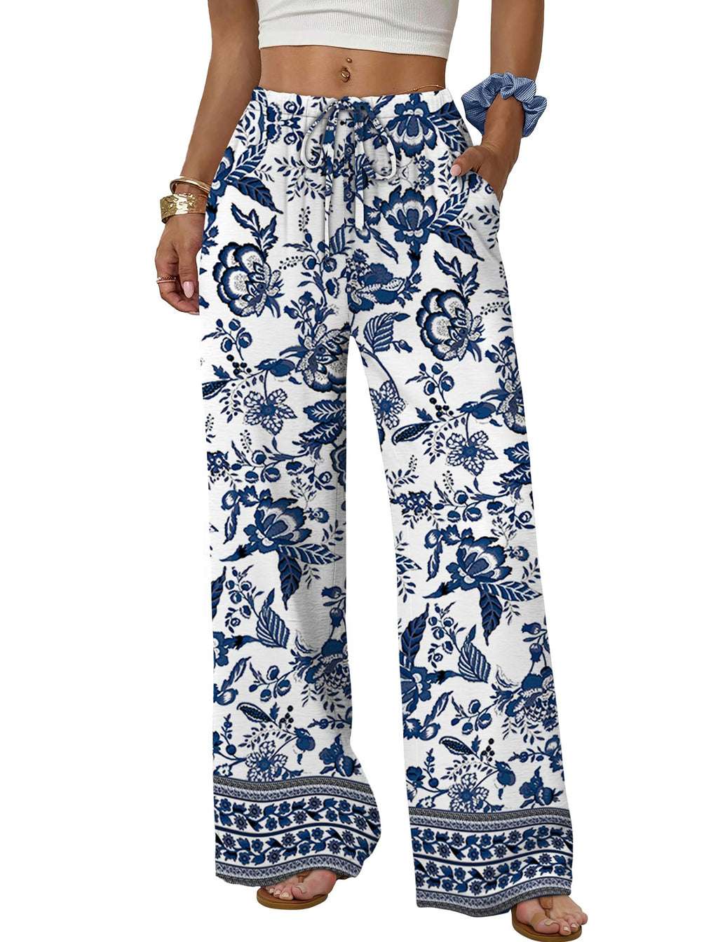 Sampeel Wide Leg Pants for Women Flowy Palazzo Drawstring Elastic Waist Trousers with Pockets Summer Beach Vacation Clothes