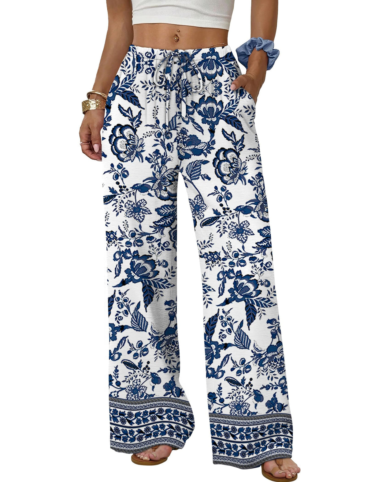 Sampeel Wide Leg Pants for Women Flowy Palazzo Drawstring Elastic Waist Trousers with Pockets Summer Beach Vacation Clothes