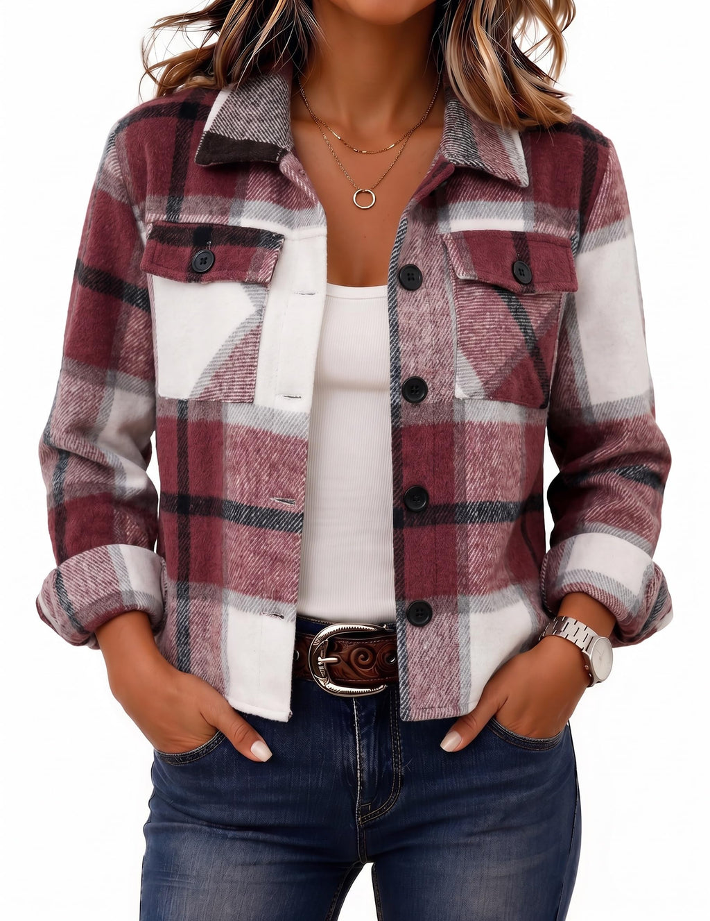 Zeagoo Flannels for Women Cropped Shacket Jacket Fashion Plaid Fall Coat