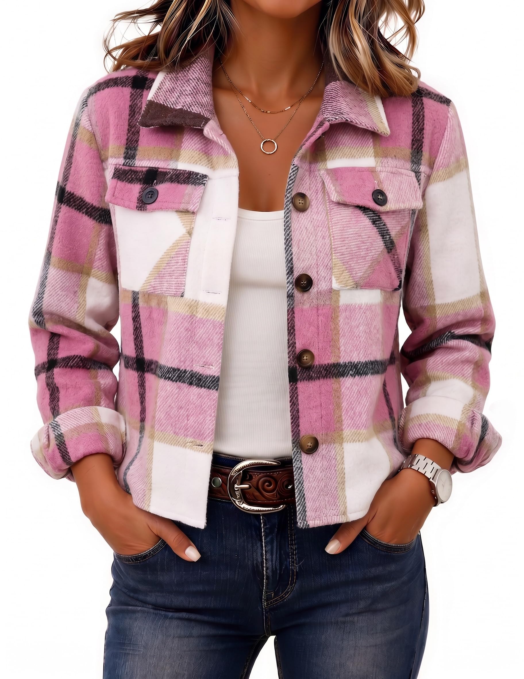 Zeagoo Flannels for Women Cropped Shacket Jacket Fashion Plaid Fall Coat