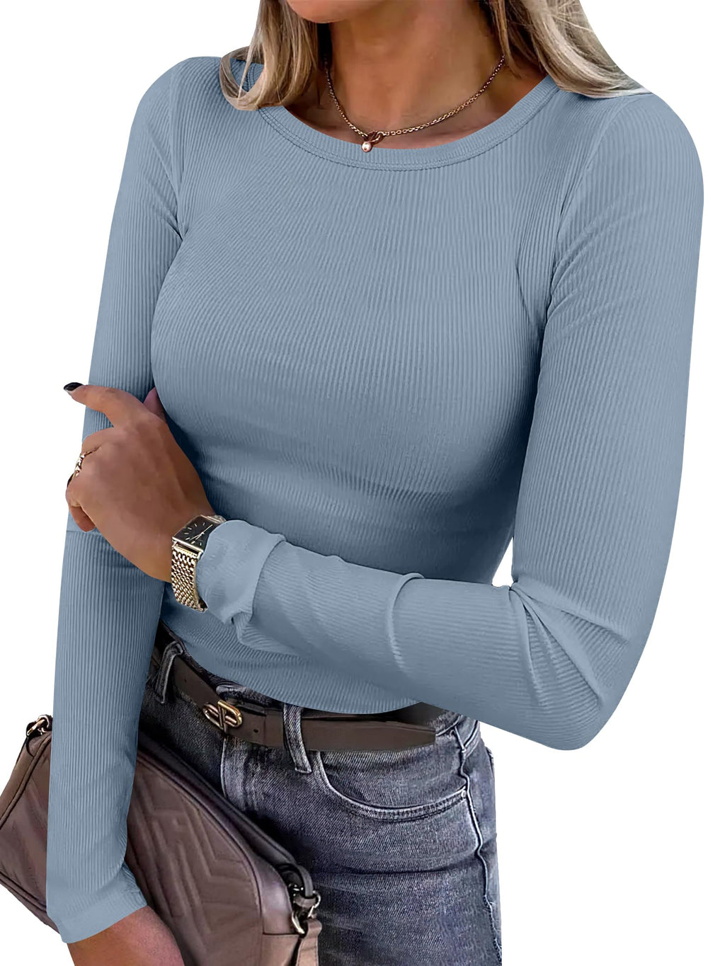 ANRABESS Women Long Sleeve Shirts Ribbed Fitted Tops