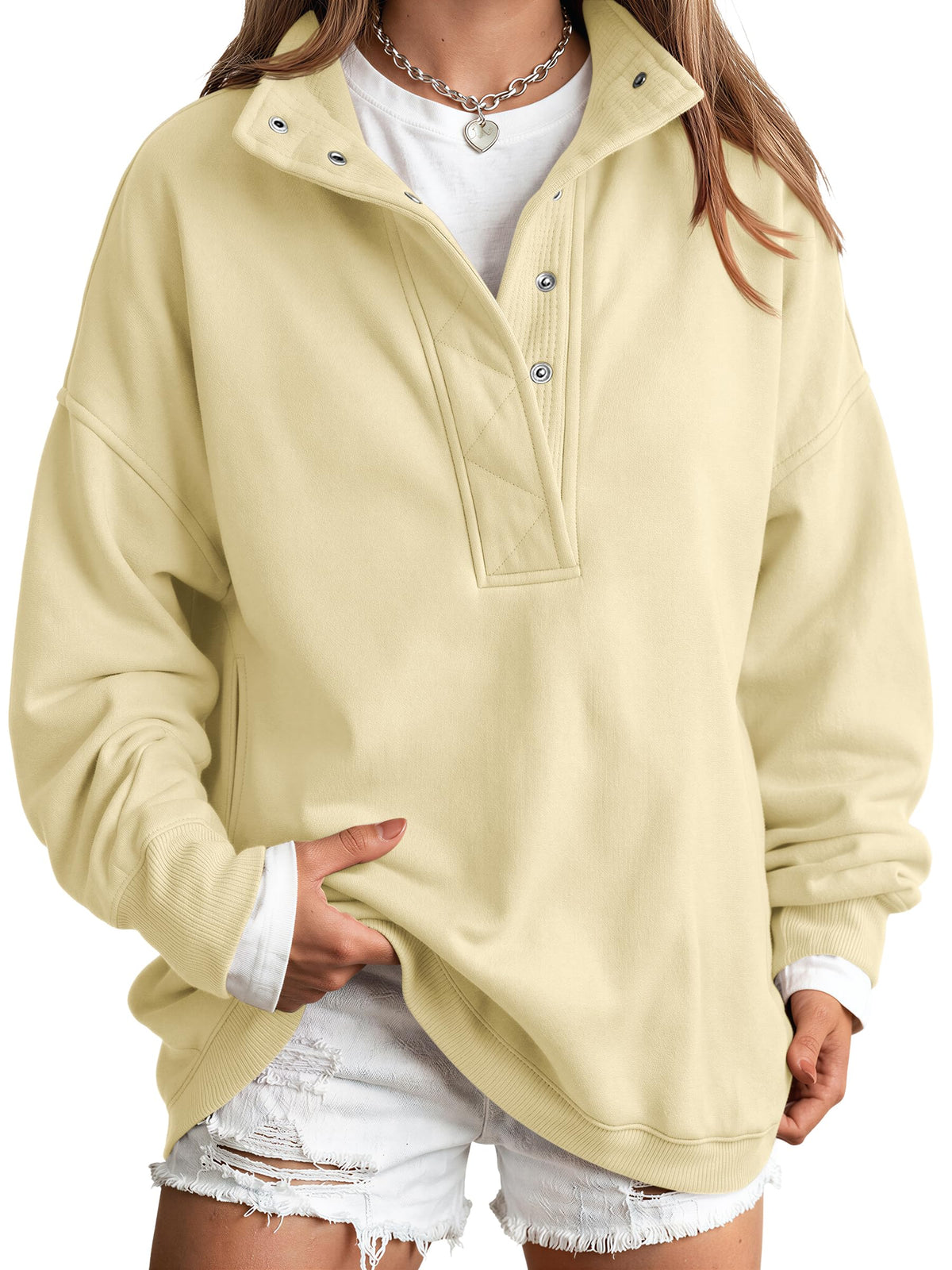 Trendy Queen Womens Oversized Sweatshirts with Snap Button Henley Collar