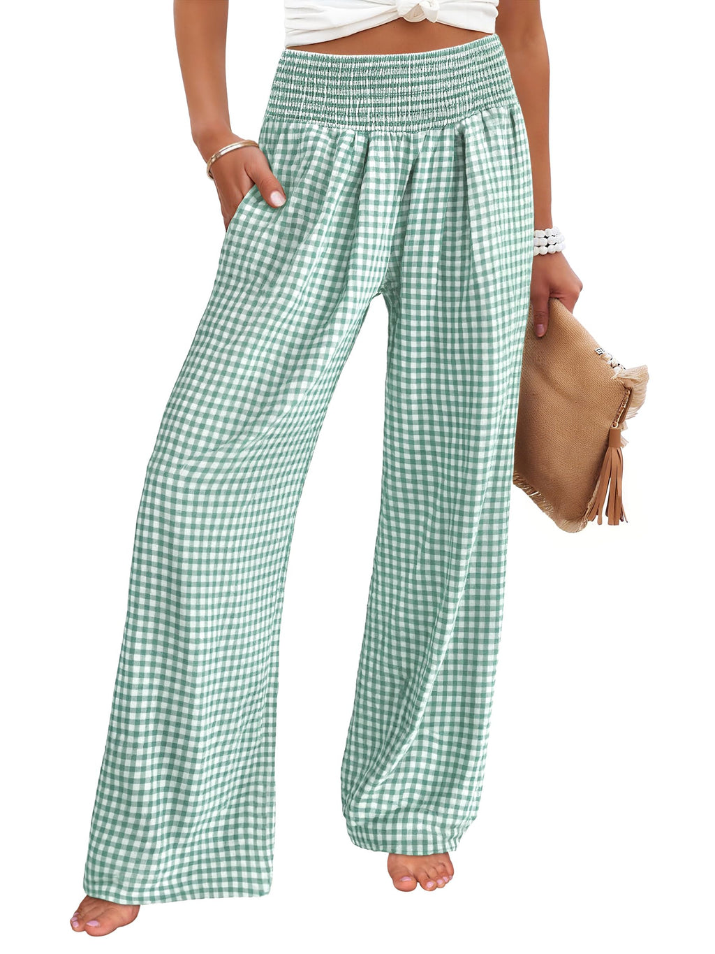 ANRABESS Womens Striped Gingham Wide Leg Palazzo Pants with Pockets