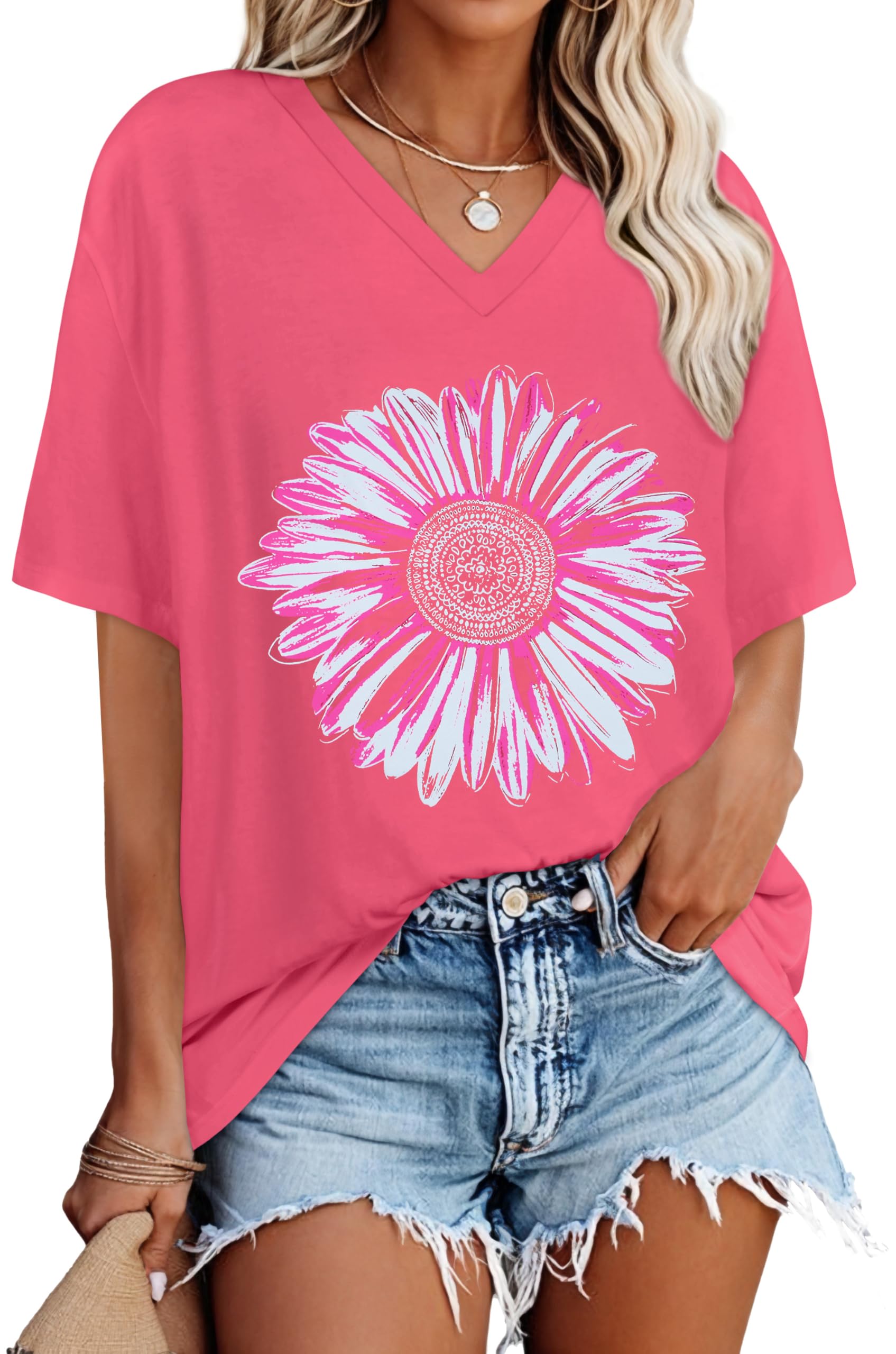 Oversized Tshirts for Women Graphic V Neck Short Sleeve Summer Casual Tops