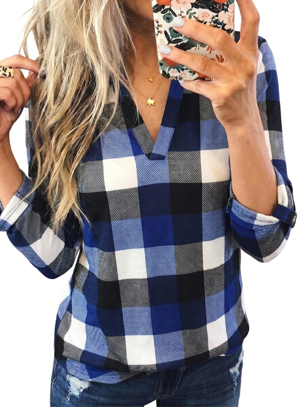 Dokotoo Womens Tops Plaid Cotton Cuffed 3/4 Sleeve Shirts Blouses