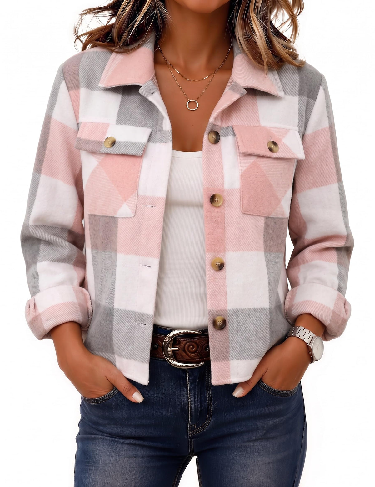 Zeagoo Flannels for Women Cropped Shacket Jacket Fashion Plaid Fall Coat