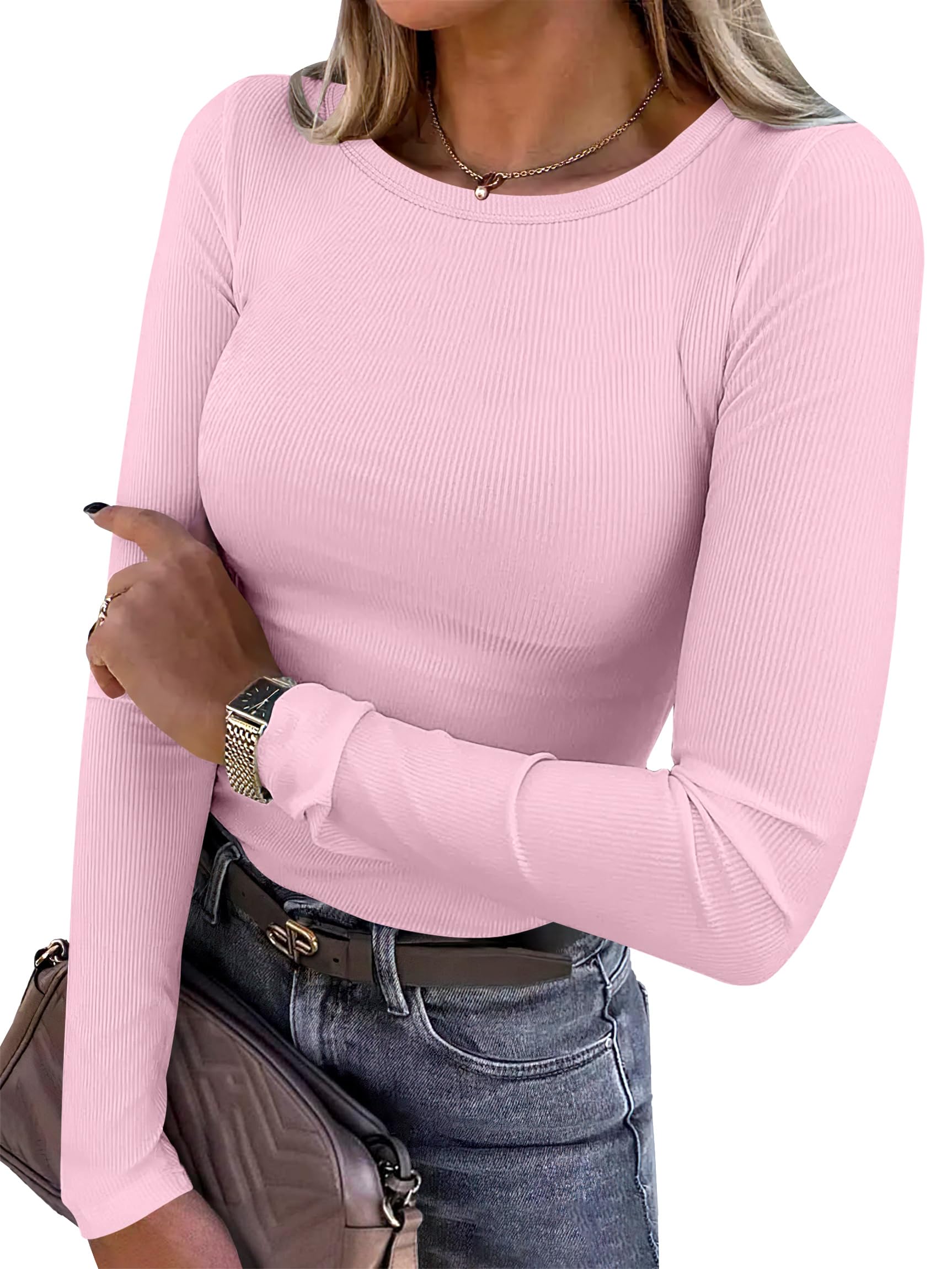 ANRABESS Women Long Sleeve Shirts Ribbed Fitted Tops