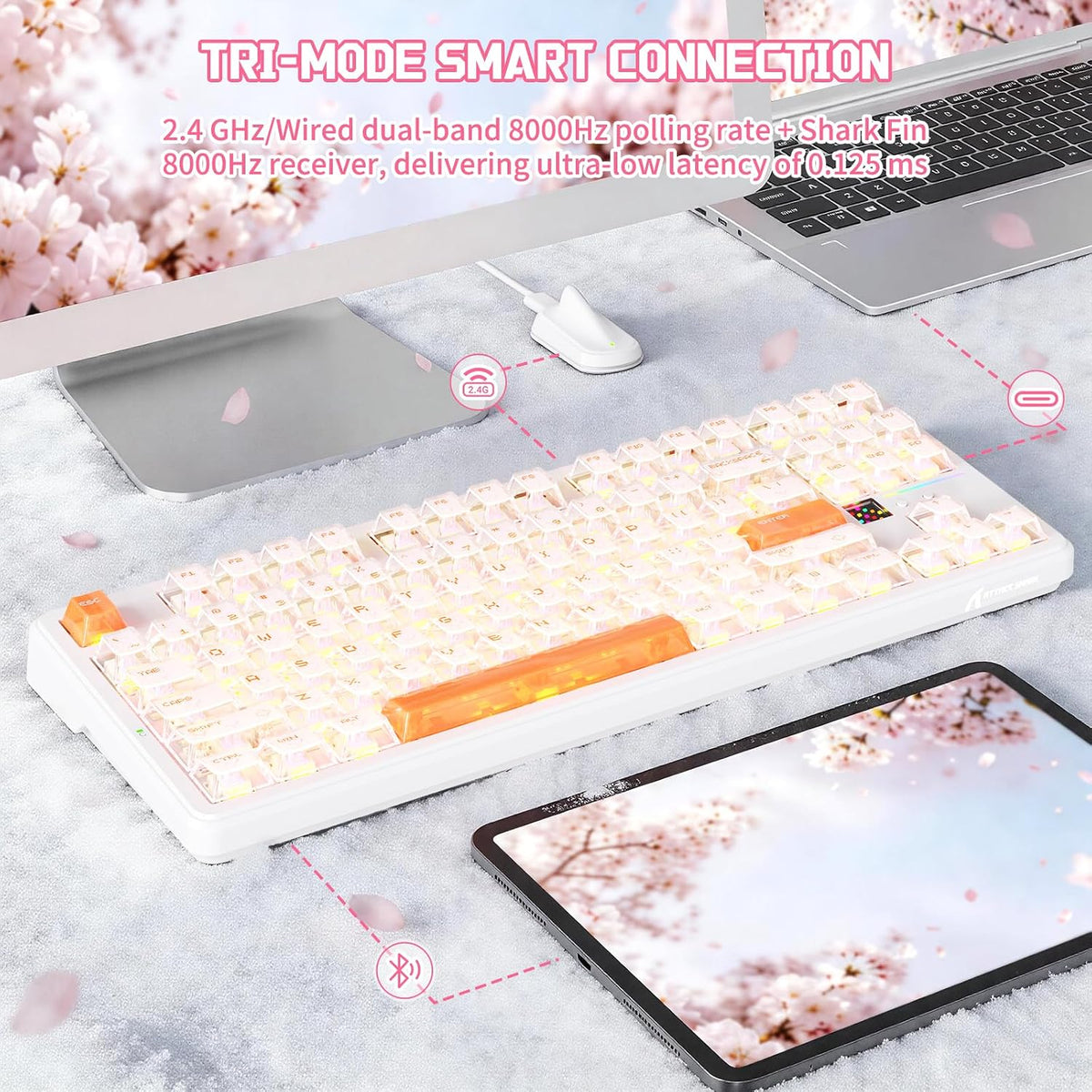 ATTACK SHARK X87 ULTRA Kablosuz Mekanik Oyun Klavyesi Dot Matrix Ekranlı, BT/2,4 GHz/Kablolu, Çift 8000Hz Yoklama Oranı,%75 Hot-Swap, 10000mAh, RGB, Shark Fin Kablosuz Alıcı, Mürekkep Gölge