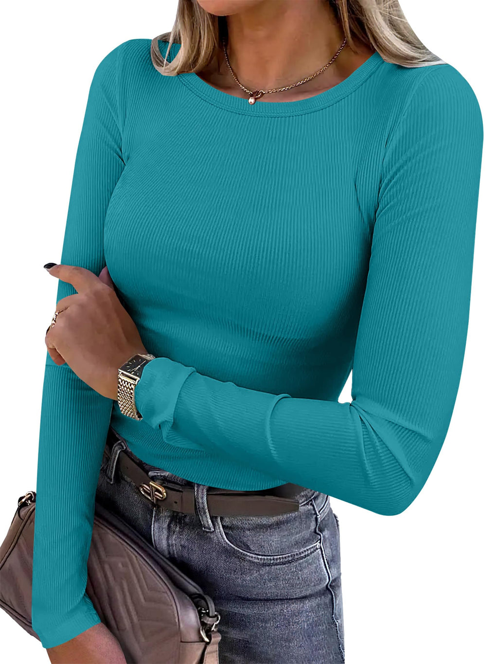 ANRABESS Women Long Sleeve Shirts Ribbed Fitted Tops