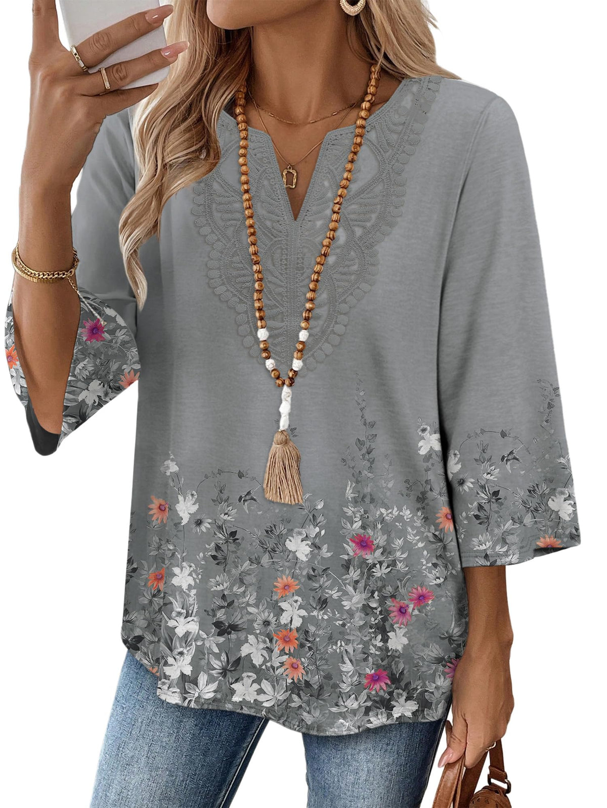 WIHOLL 3/4 Length Sleeve Womens Tops Boho V Neck Lace Shirt Trendy Blouses Dressy Casual Vacation Clothes S-3XL