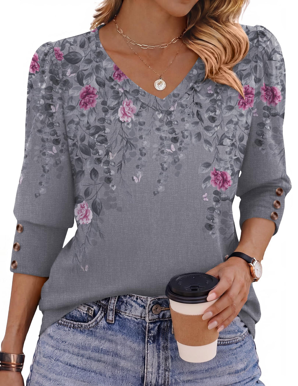 Zeagoo Womens 3/4 Sleeve V Neck T Shirts Dressy Casual Tops