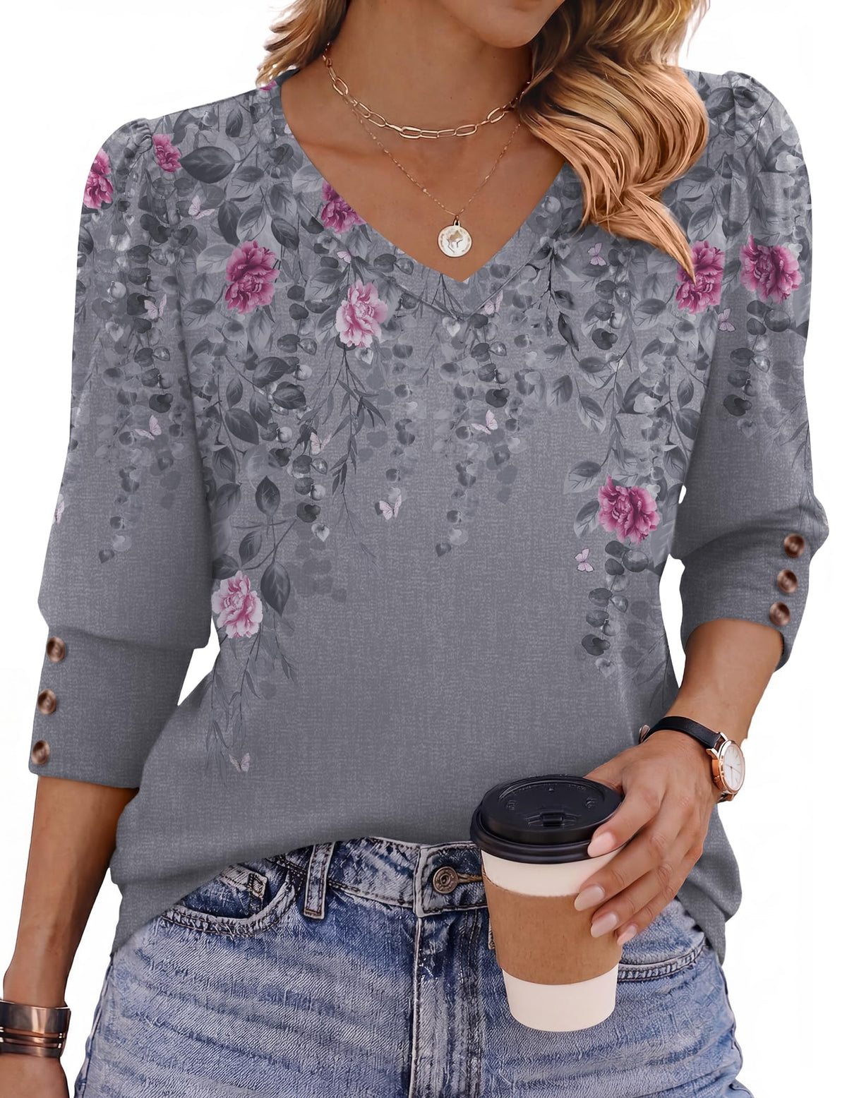 Zeagoo Womens 3/4 Sleeve V Neck T Shirts Dressy Casual Tops