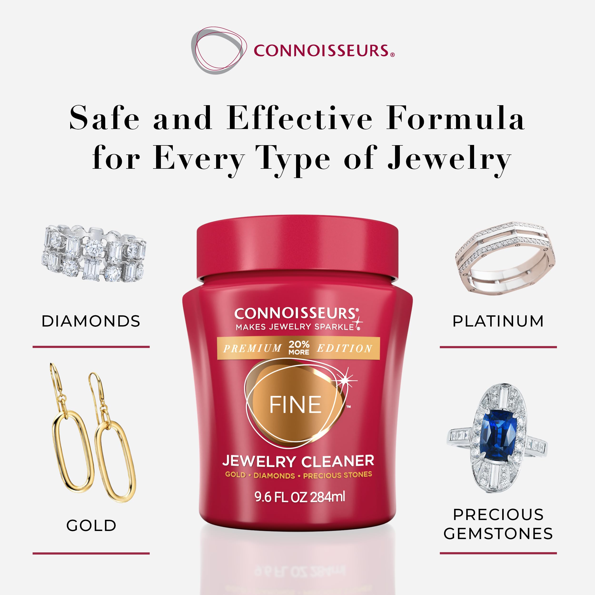 CONNOISSEURS Premium Edition Jewelry Cleaner, Value Size 9.6oz - Pick from Fine, Silver or Delicate Jewelry Cleaner