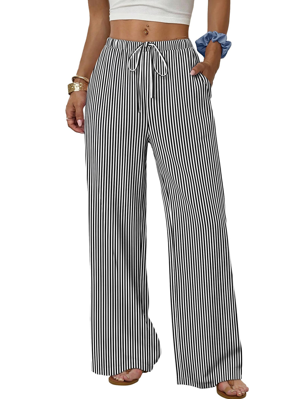 Sampeel Wide Leg Pants for Women Flowy Palazzo Drawstring Elastic Waist Trousers with Pockets Summer Beach Vacation Clothes