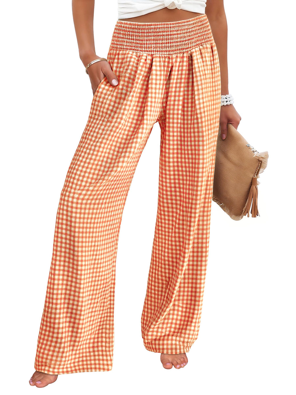 ANRABESS Womens Striped Gingham Wide Leg Palazzo Pants with Pockets