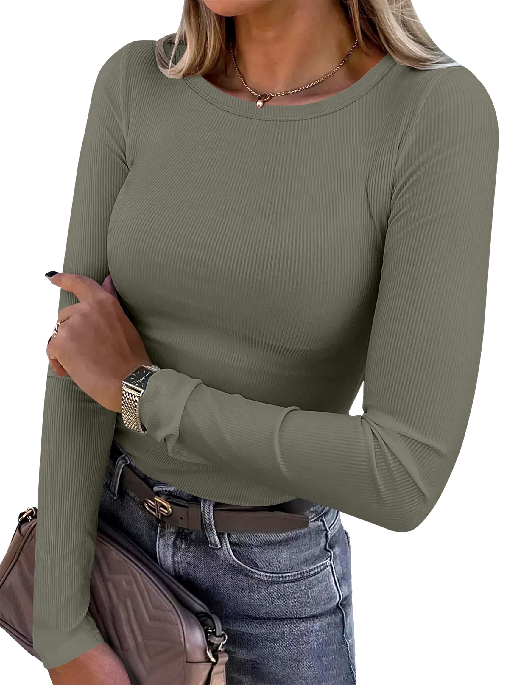 ANRABESS Women Long Sleeve Shirts Ribbed Fitted Tops