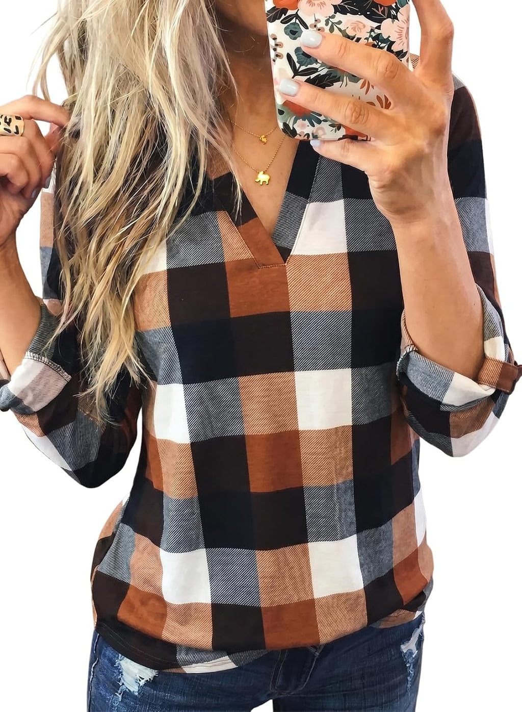 Dokotoo Womens Tops Plaid Cotton Cuffed 3/4 Sleeve Shirts Blouses