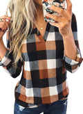 Dokotoo Womens Tops Plaid Cotton Cuffed 3/4 Sleeve Shirts Blouses