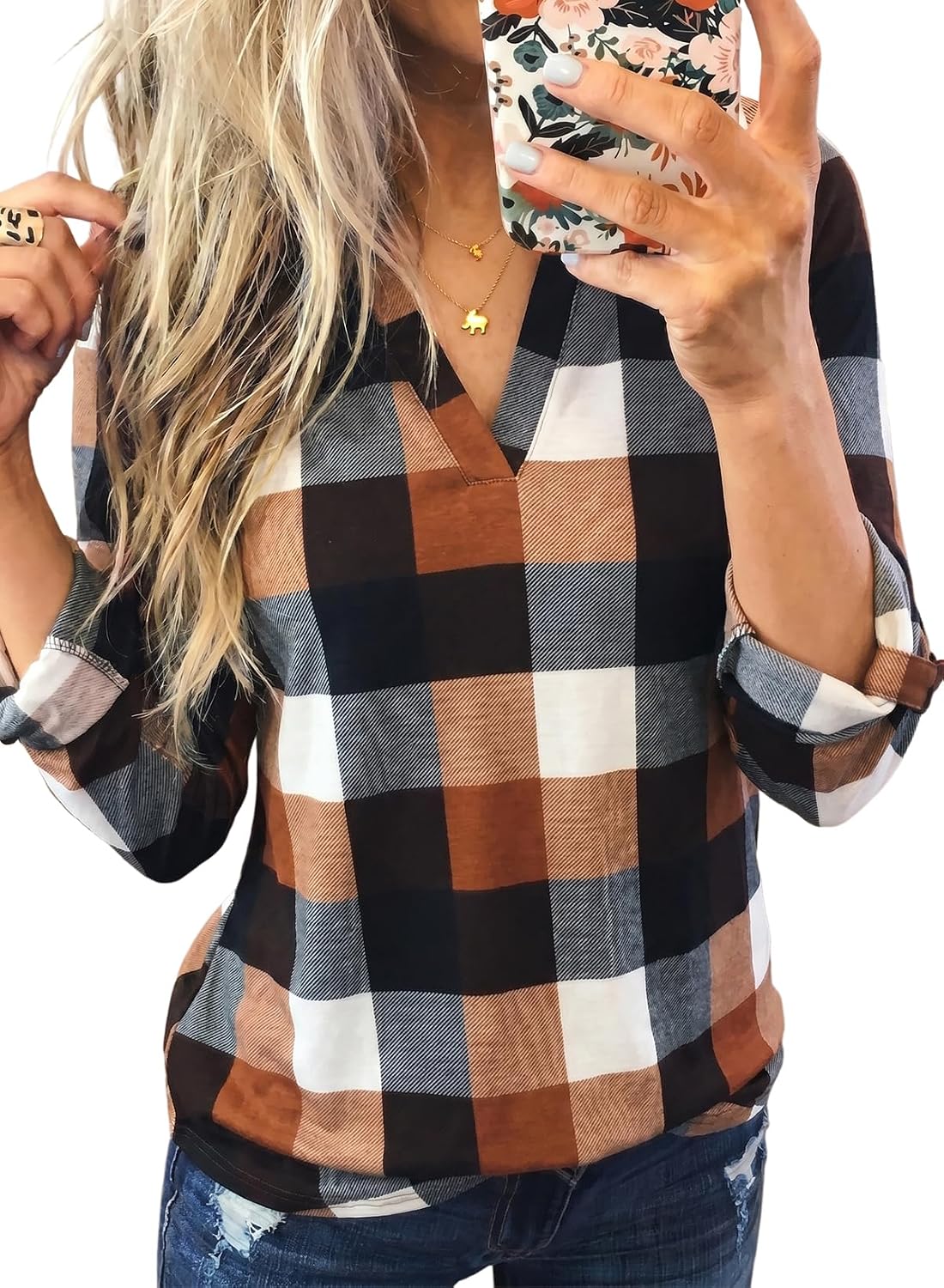 Dokotoo Womens Tops Plaid Cotton Cuffed 3/4 Sleeve Shirts Blouses