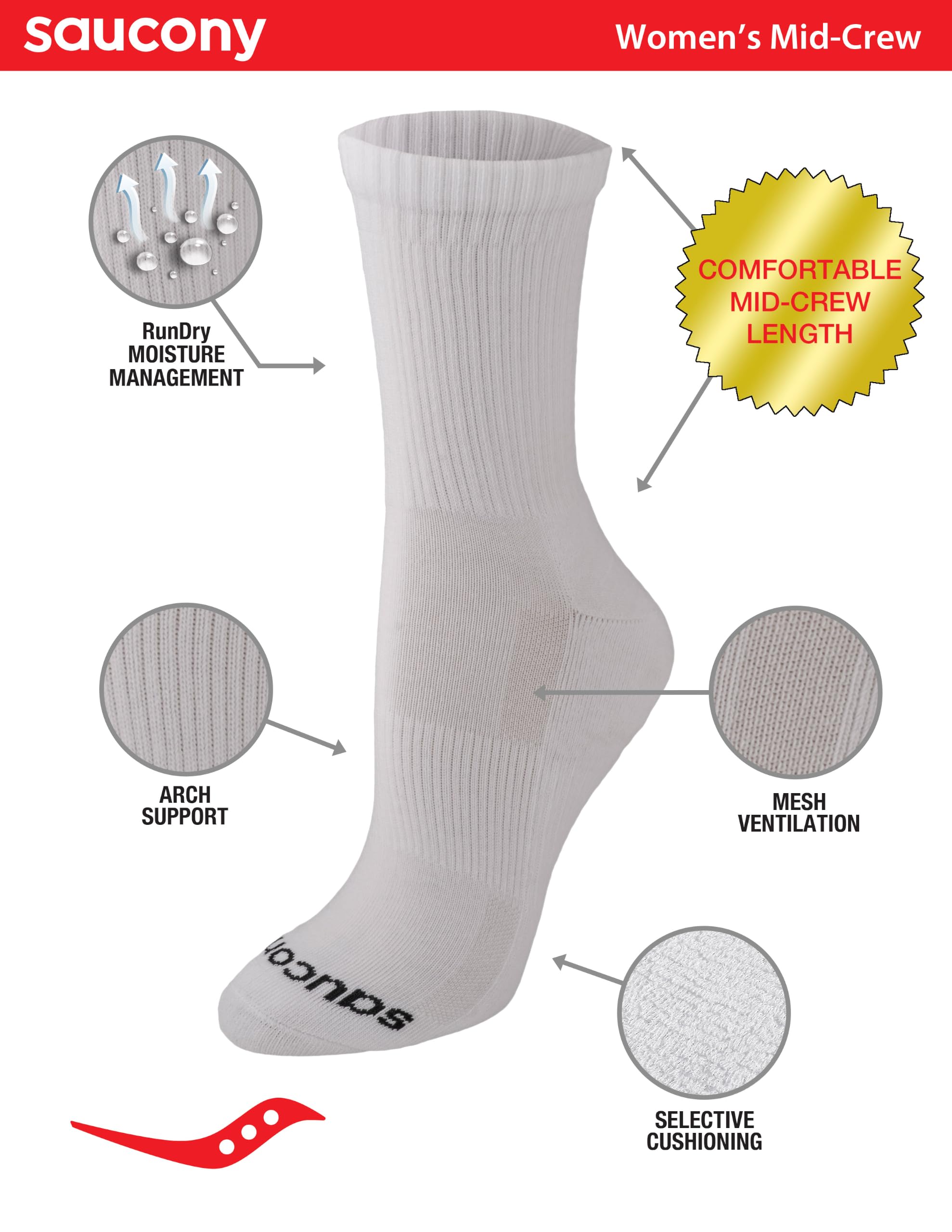 Saucony Women's RunDry Performance Heel Tab Athletic Socks, Available in S-L (8, 16, 24 Pairs)