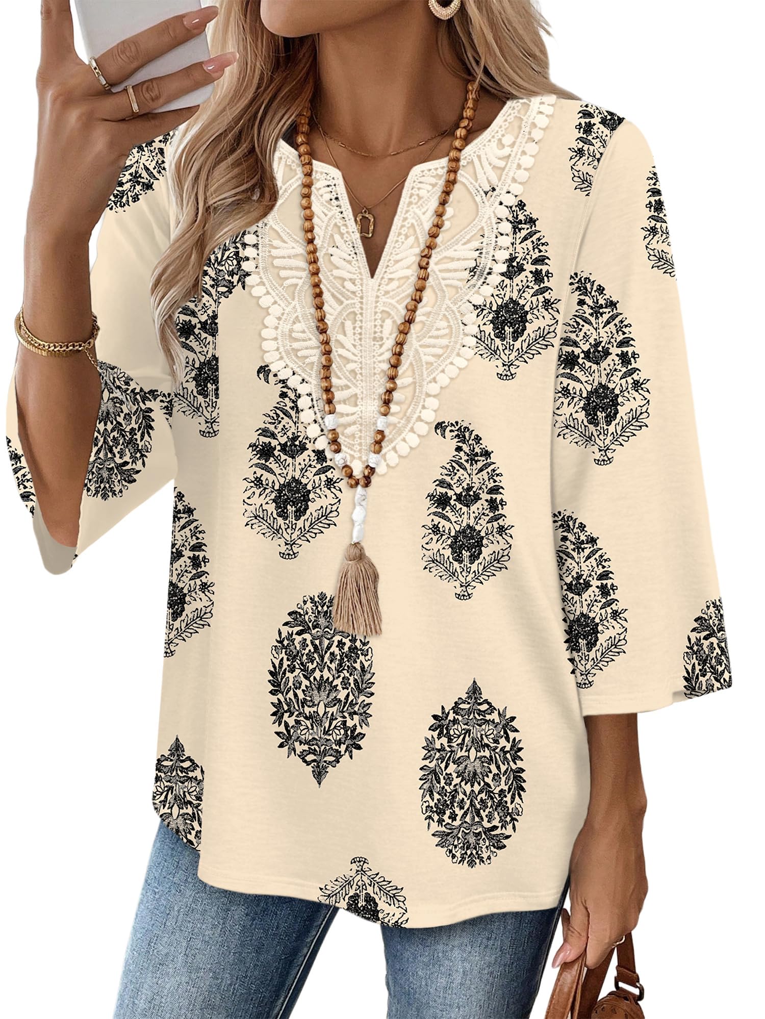 WIHOLL 3/4 Length Sleeve Womens Tops Boho V Neck Lace Shirt Trendy Blouses Dressy Casual Vacation Clothes S-3XL