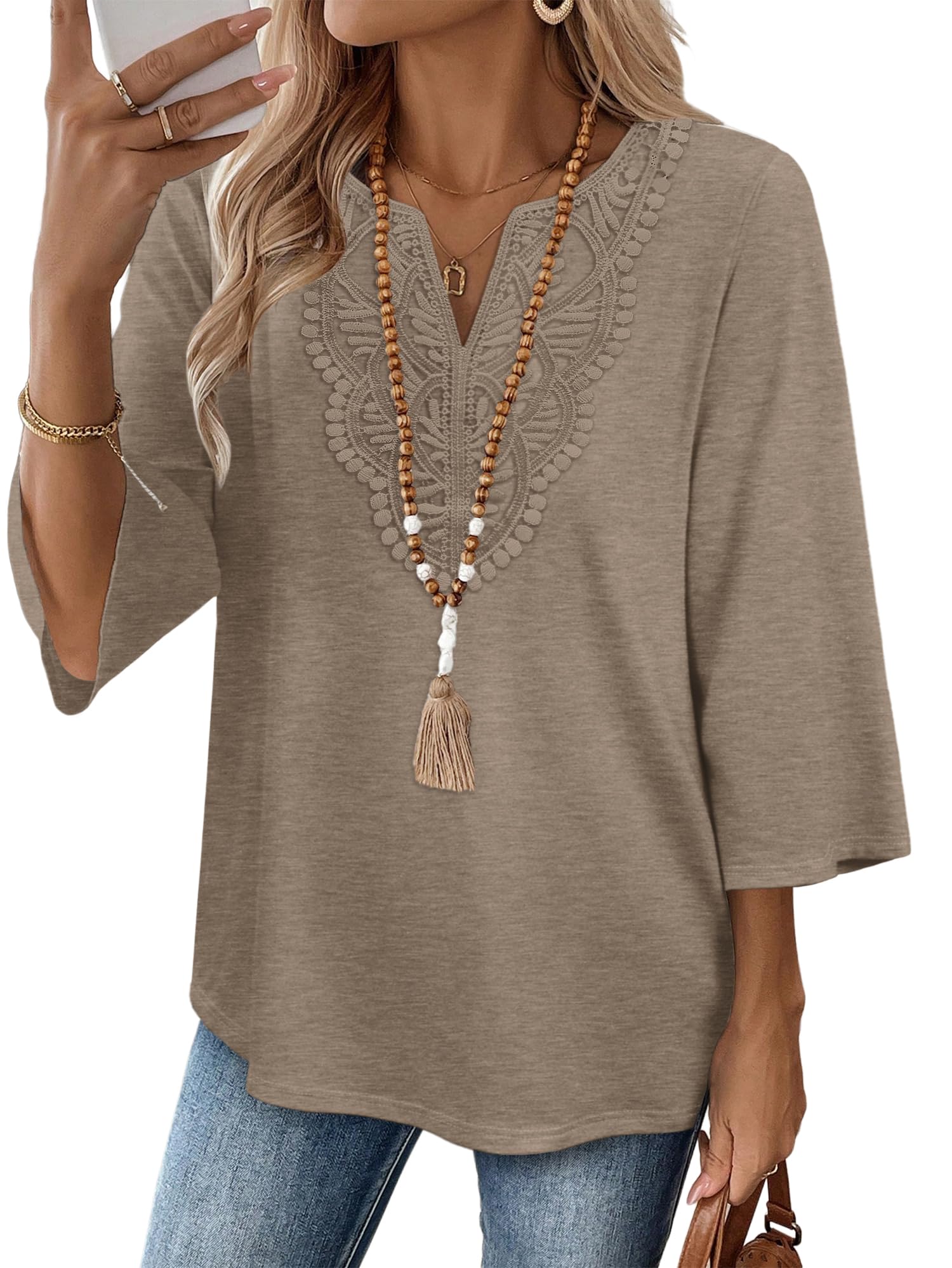 WIHOLL 3/4 Length Sleeve Womens Tops Boho V Neck Lace Shirt Trendy Blouses Dressy Casual Vacation Clothes S-3XL